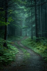 Serene Forest Pathway in Lush Green Woodland with Misty Atmosphere and Dense Foliage