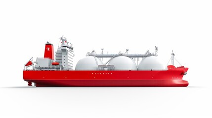 A large red ship with white trim and a white background
