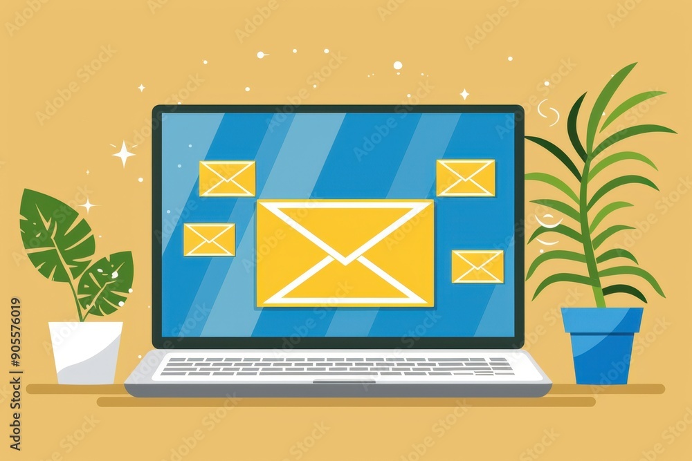 Poster a laptop screen with an open envelope on the desktop showing an illustration of an email icon genera