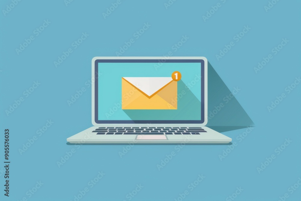 Poster a laptop screen with an open envelope displayed an email profile page in white and yellow colors on 