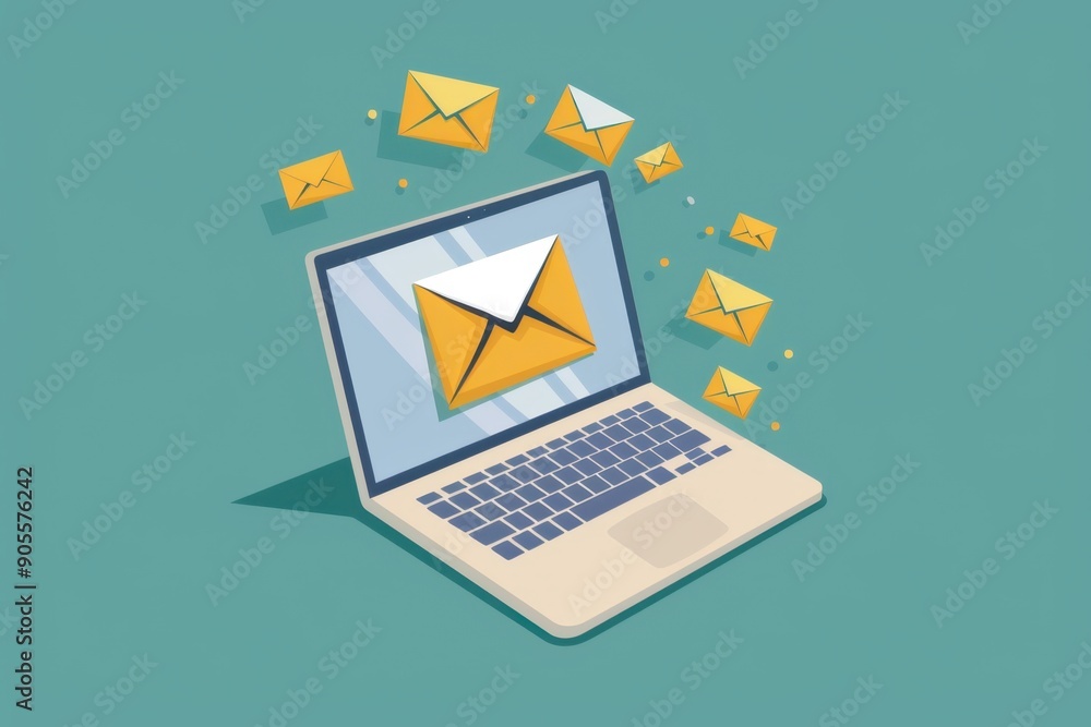 Aufkleber illustration of an open laptop with the screen showing a white envelope on a blue background, repres