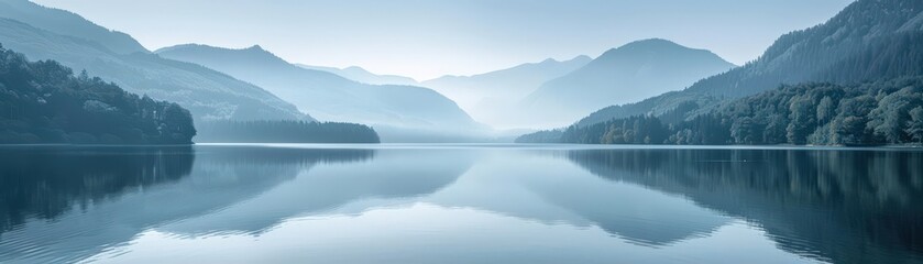 Obraz premium Serene Mountain Lake at Dawn with Misty Hills and Calm Waters in a Panoramic Landscape