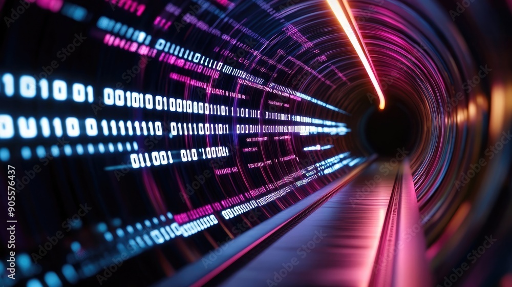 Poster a vibrant digital tunnel filled with binary code, showcasing a blend of pink and blue light trails i