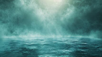 A misty, hazy sky with a large body of water in the foreground