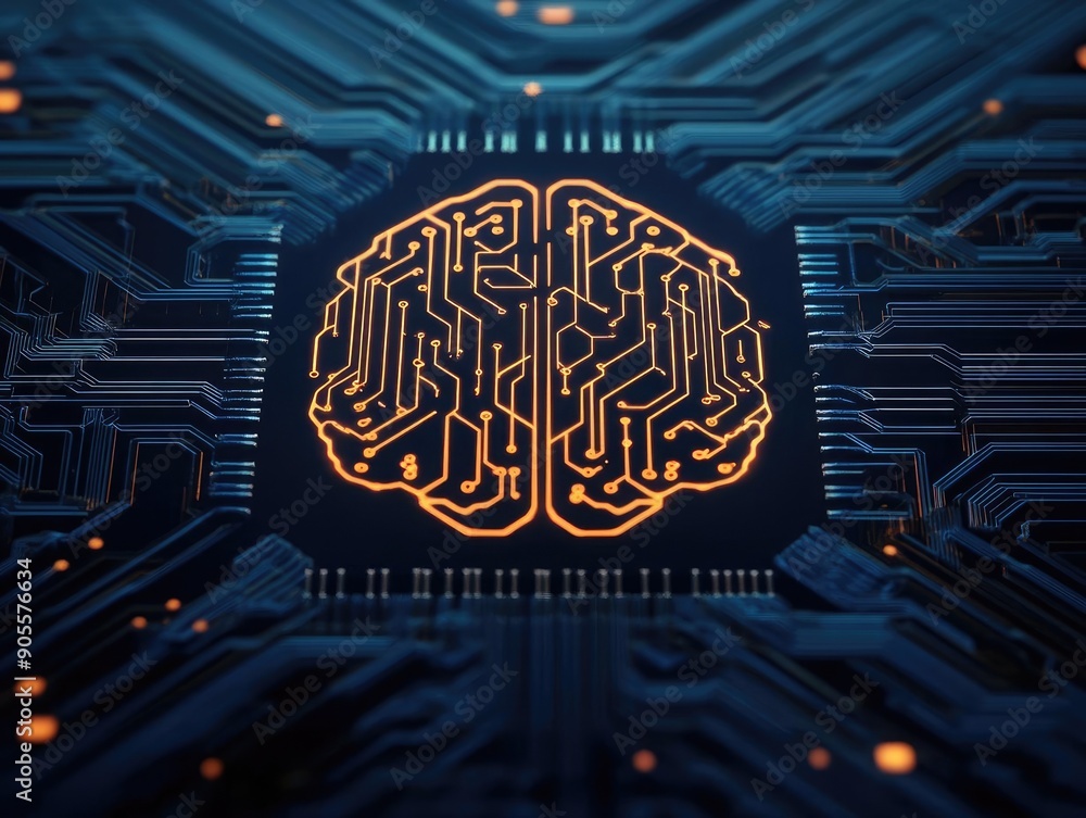 Poster a creative representation of a brain made of circuit board patterns, symbolizing artificial intellig
