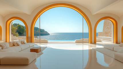 A telephoto angle photo of a Greek-style house with large arched windows facing the sea, allowing natural light to flood the interior, with copy space