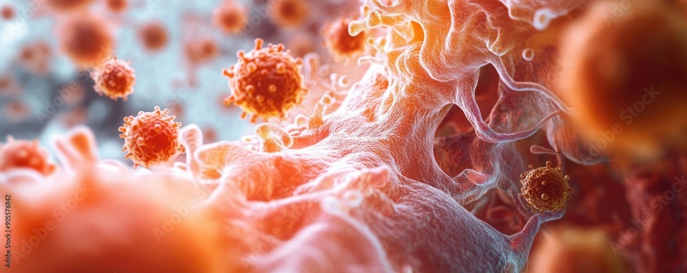 Poster close-up view of colorful cells and particles in a biological setting, illustrating the complexity o
