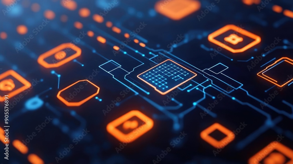 Aufkleber a close-up view of a futuristic circuit board design featuring glowing orange patterns and digital e