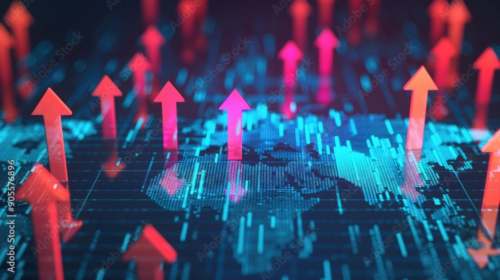 Poster dynamic digital illustration representing global growth with colorful arrows and a world map, perfec