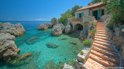 Fototapeta premium A telephoto angle photo of a Greek-style house with a stone staircase leading down to a private cove, with crystal-clear waters and rocky outcrops, with copy space
