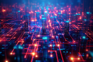 Futuristic digital cityscape glowing blue and red data network