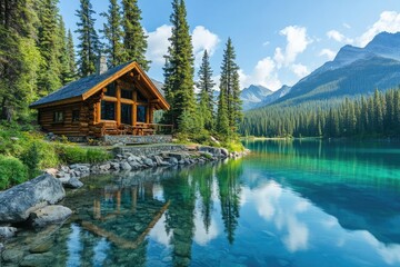 Fototapeta premium A serene log cabin by a tranquil lake, surrounded by towering trees and majestic mountains under a clear blue sky.