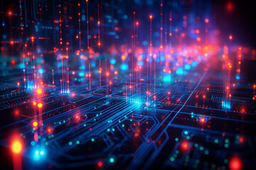 Obraz premium Futuristic digital cityscape glowing blue and red data network