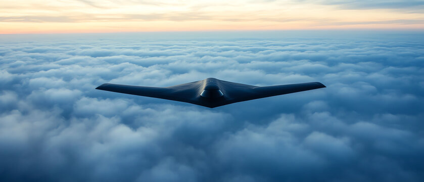 Advanced stealth bomber flying at high altitude, with a sleek and angular silhouette