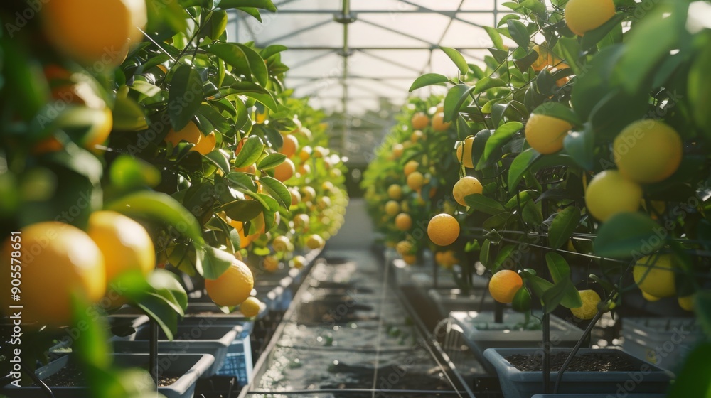 Aufkleber rows of healthy lemon trees laden with ripe fruit thrive in a bright greenhouse during the day.