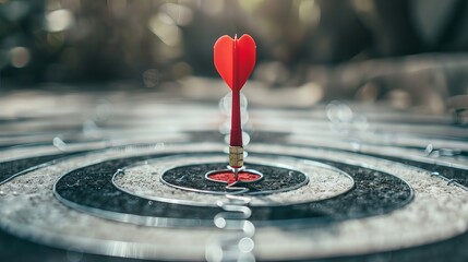 Closeup of a red dart hitting the center of the dartboard on the floor Arrow on bullseye in target Business success investment goal opportunity challenge aim strategy achievement