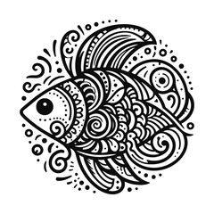 Intricate Black and White Fish Illustration with Decorative Patterns, Perfect for Coloring Pages or Tattoos
