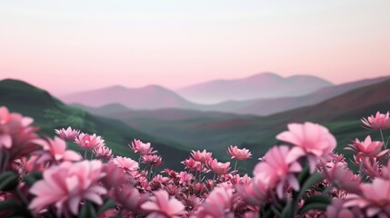 Obraz premium Lush garden of pink flowers with rolling hills in the background, illuminated by a soft pink glow, Ethereal, 3D