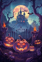 A spooky Halloween scene featuring jack-o’-lanterns, a witch’s hat, a haunted castle, graves, and bats under a full moon. The eerie atmosphere is perfect for a Halloween night