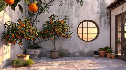 Fototapeta premium Rustic courtyard with orange trees and a circular window, capturing the essence of a Mediterranean sunset, Warm, Illustration