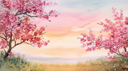 Fototapeta premium Vibrant pink blossoms in a serene meadow under a pastel sunset, evoking a sense of peace and beauty, Romantic, Watercolor