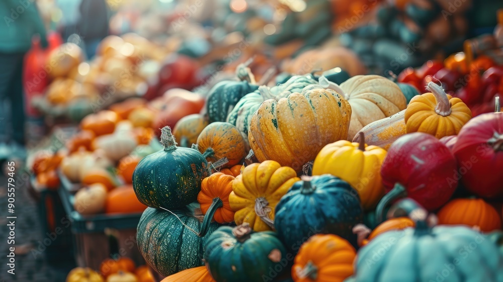 Poster Colorful pumpkins and gourds in autumn market with space for text