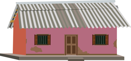 village house rural Indian house pink building old village home isolated on white background. mud wall and tin shade roof