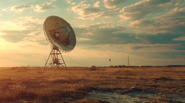 a large satellite dish sitting on top of a dry grass field under a cloudy sky