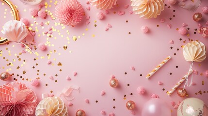 a pink background with gold confetti and paper decorations