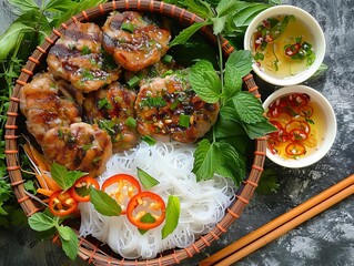 Bun Cha. The most popular Vietnamese dishes. Grilled pork patties and slices of pork belly served over a bed of vermicelli noodles, fresh herbs, and a dipping sauce.
