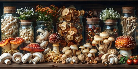 Fototapeta premium Creative illustration of diverse mushrooms in a rustic kitchen setting.