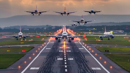 Fototapeta premium Dramatic Time Lapse of Airplane Takeoffs and Landings at Airport Terminal