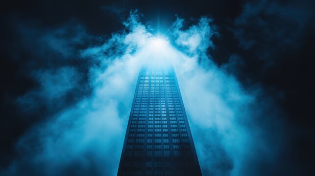 A dramatic composition showcasing a single skyscraper bathed in a spotlight, silhouetted against the dark night sky.
