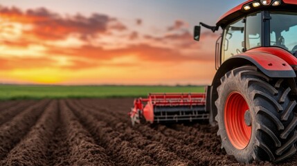 Obraz premium A vibrant sunset over a freshly plowed field with a powerful red tractor in action, showcasing the beauty of agriculture.
