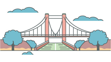 Suspension bridge illustration, pastel colors, modern graphic. Flat design style, tranquil scenery, trees framing bridge structure. Simplified landscape, stylized suspension bridge, cartoonish feel