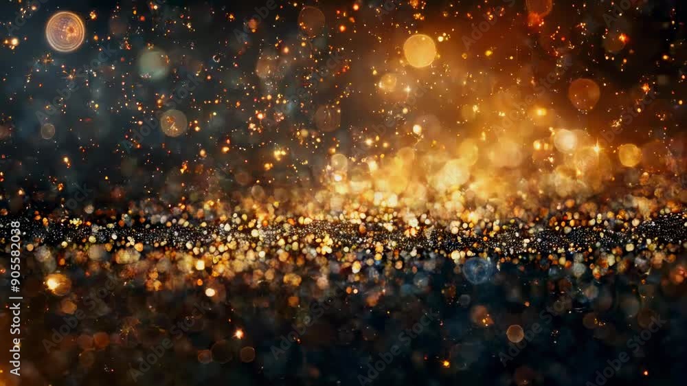 Poster glittering particles create a stunning display of golden tones shimmering in darkness, showcasing a 