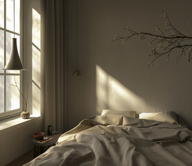 Cozy modern bedroom with natural light and minimalist décor