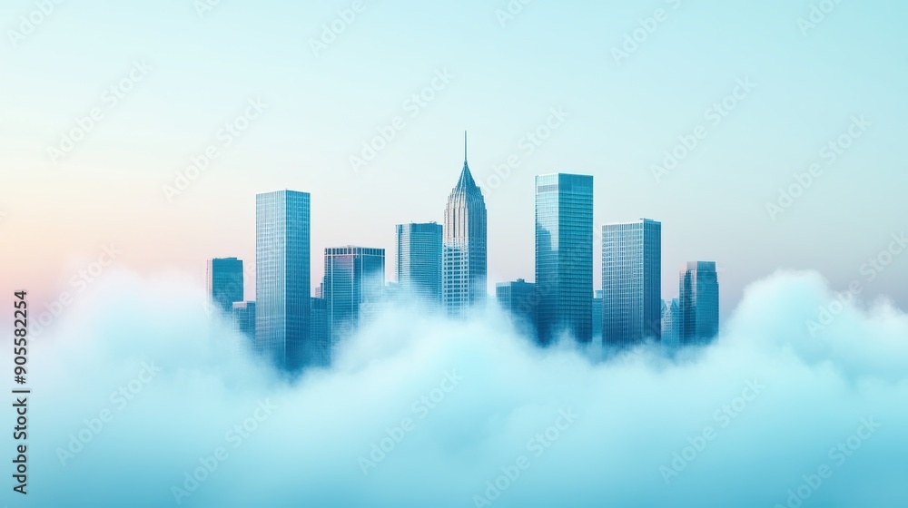 Poster a mysterious and atmospheric view of a city skyline partially obscured by fog, creating a sense of i