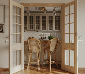 Cozy modern kitchen with rattan stools in a well-designed interior space