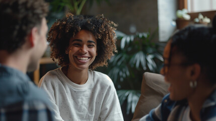 Fototapeta premium Young black woman is sitting in the living room with her friends, talking and laughing together, discussions, sharing views