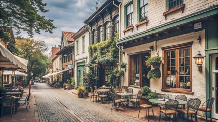 Charming cobblestone street with outdoor cafe seating.