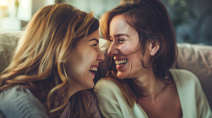 Mother and daughter laughing together, sharing joyful moments at home, positive environment and vibes, mental health