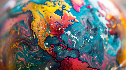 Close-up of a globe with abstract, intricate map details and vibrant colors