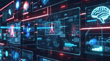 AI brain computer interface technology with holographic display and digital technology or holographic images Dark blue background with neon pattern.