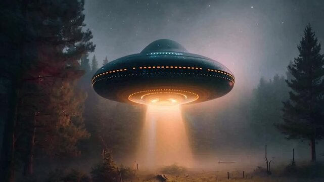 Mysterious UFO lands in a dense forest, glowing with an eerie light