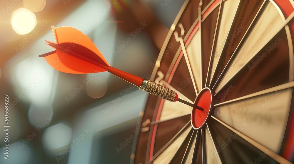 Wall mural red dart hitting the center of the dartboard arrow on bullseye in target business success investment