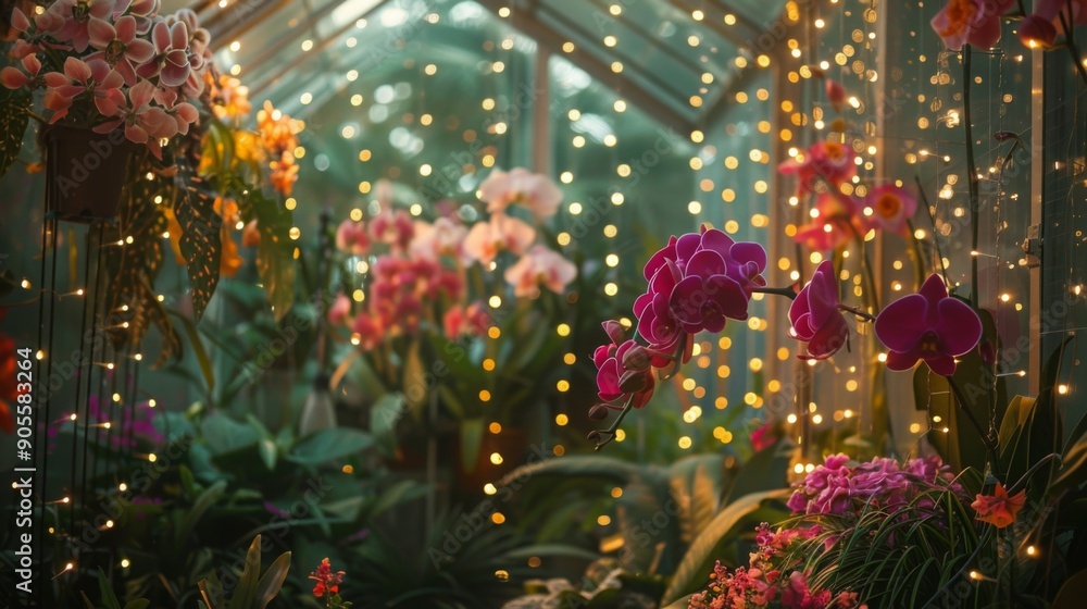 Poster a greenhouse filled with colorful orchids illuminated by soft twinkling lights, creating a serene an
