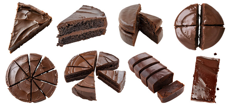 Chocolate fudge cake pastry dessert on transparent cutout, PNG file. Many assorted different angles, stack, broken, slice, pile. Mockup template for artwork design