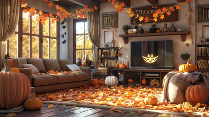Obraz premium Cozy Autumn Living Room Decorated with Pumpkins and Fall Leaves for Halloween Celebration