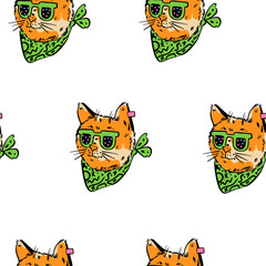 Cute cat in a cap, glasses, and scarf. Seamless pattern. Trendy vector illustration.